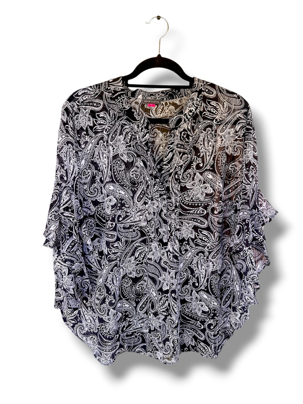 Vince Camuto Black & White Paisley Ruffle-Sleeve Tunic